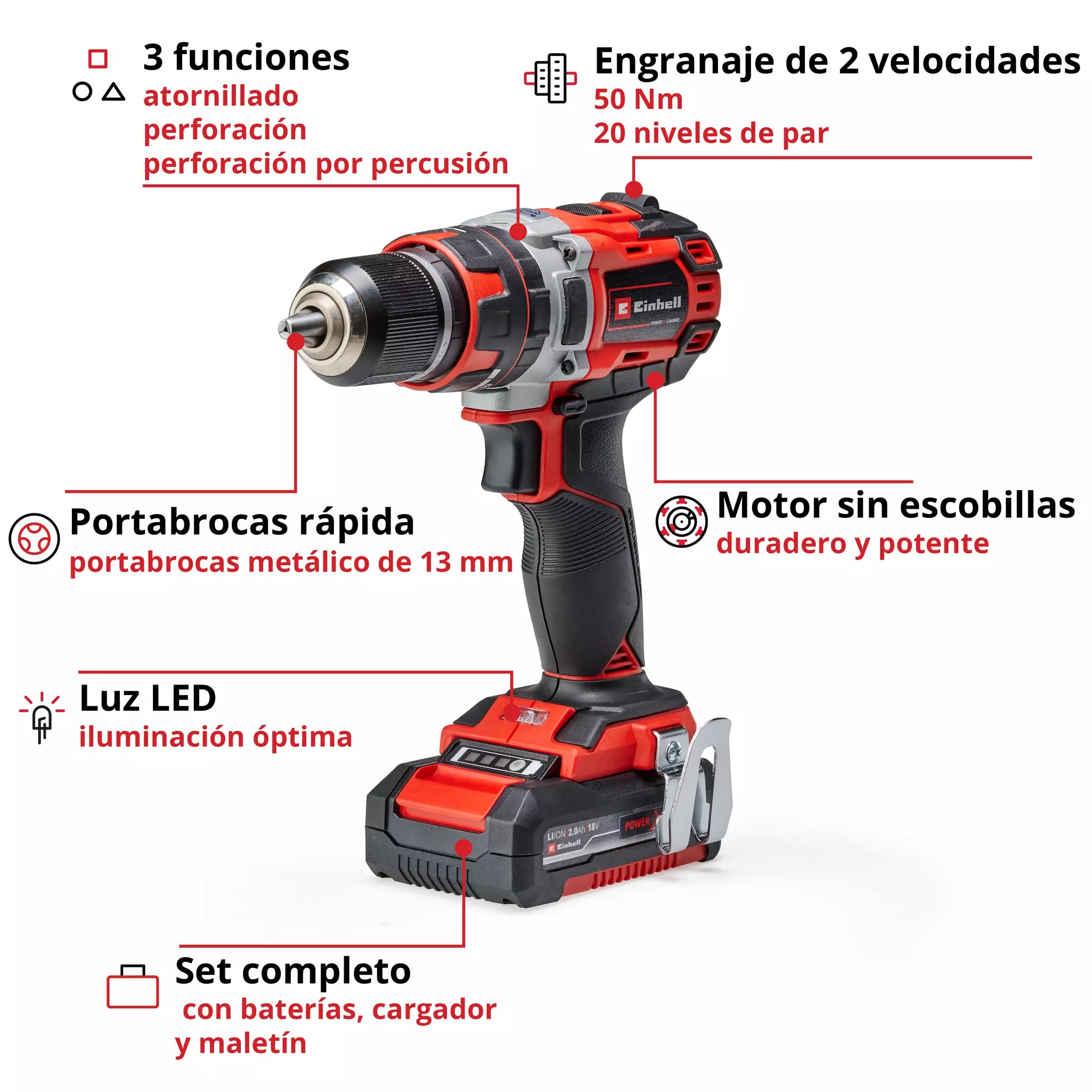 PROFESSIONAL Taladro de impacto inalámbrico TP-CD 18/50 Li-i BL (2x2,0Ah)