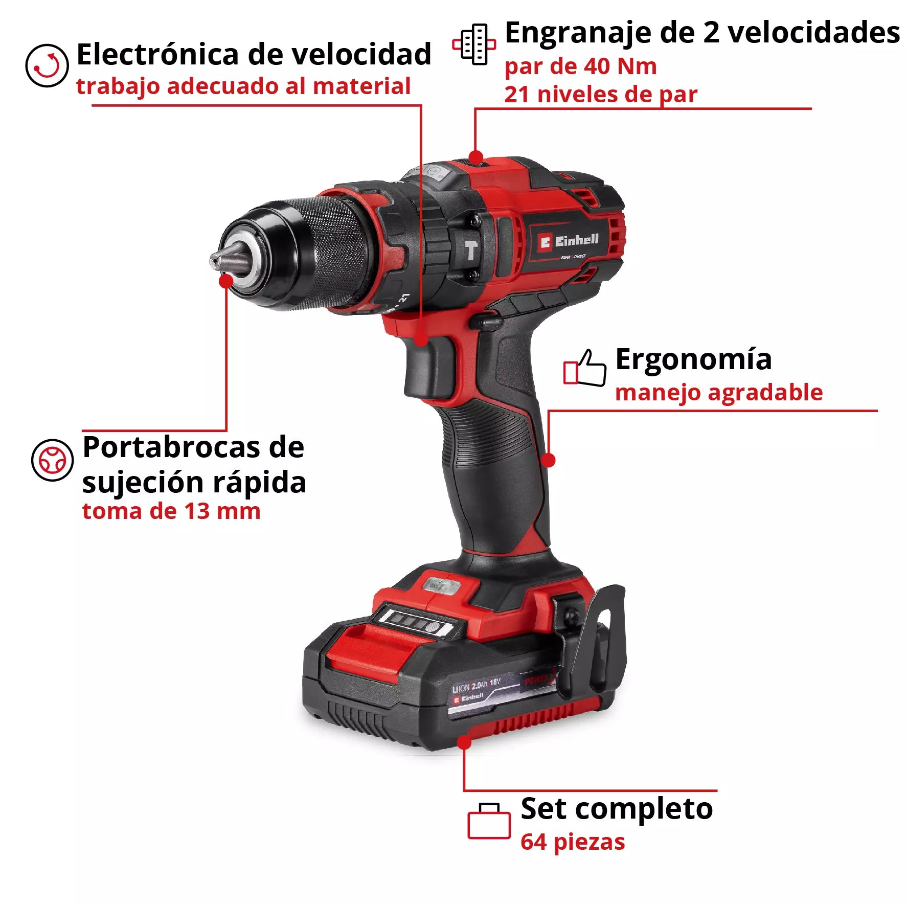 Taladro de impacto inalámbrico TE-CD 18/40 Li-i +64 (1x2,0Ah)