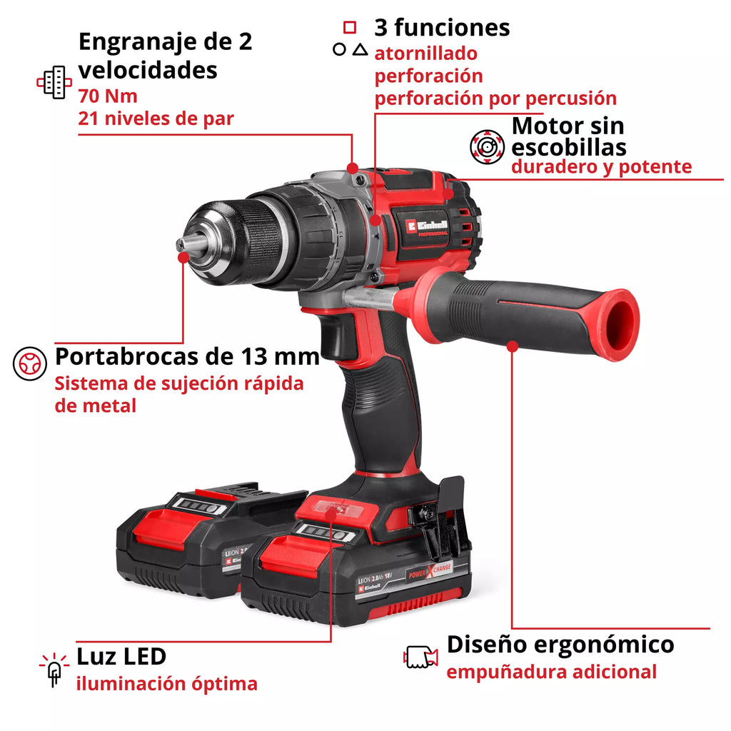 PROFESSIONAL Taladro de impacto inalámbrico TP-CD 18/70 Li-i BL (2x2,0Ah)