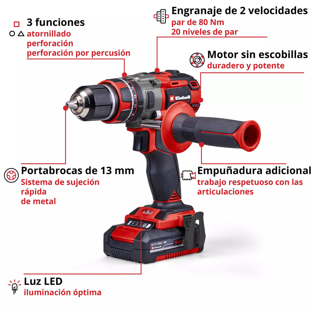 PROFESSIONAL Taladro de impacto inalámbrico TP-CD 18/80 Li-i BL (2x2,0Ah)